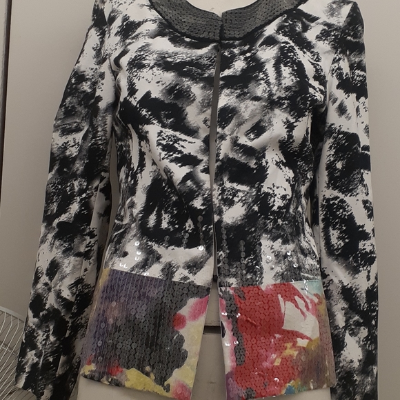 Chico Black white Geisha Face Blazer Sequined Jacket M L - Picture 2 of 7